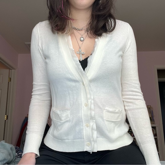 Vintage y2k Coquette White Chiffon Trim Button Up Cardigan - Picture 2 of 5